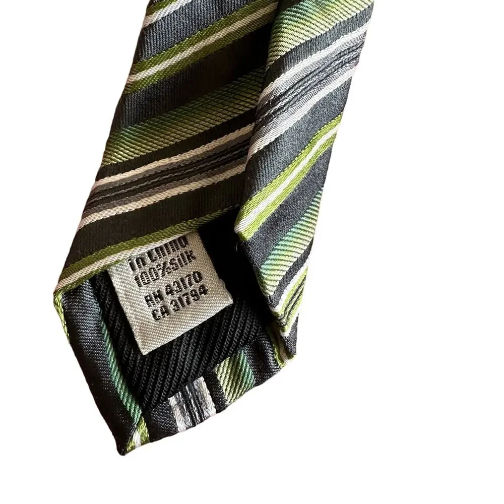 Geoffrey Beene | Men's Tie 100% Silk Green Grey White Striped